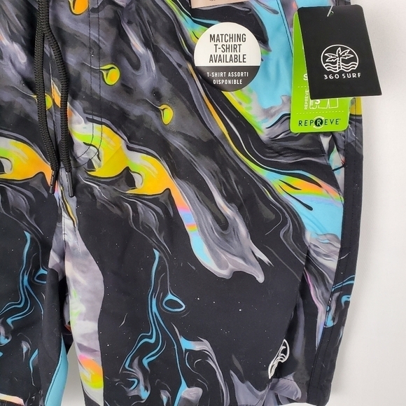 360 Surf Mens Beach Short Black w/ Colored Pattern Recycled Poly Choose Size - Picture 6 of 12